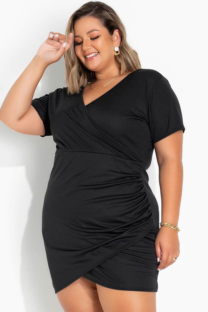 Black Wrap Ruched Short Sleeves Plus Size Mini Dress