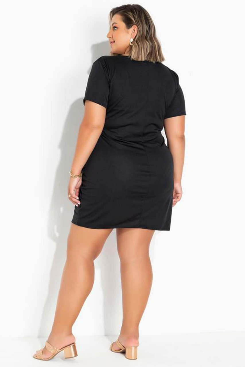 Black Wrap Ruched Short Sleeves Plus Size Mini Dress