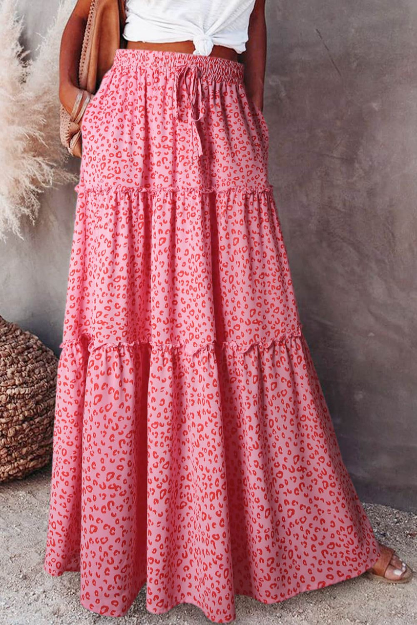 Pink Leopard Print Frilled Drawstring High Waist Maxi Skirt