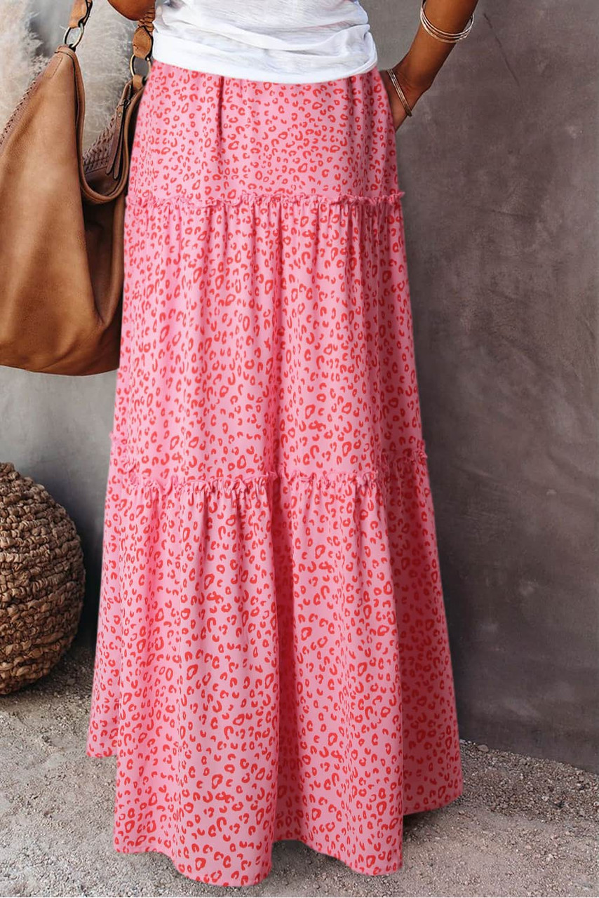 Pink Leopard Print Frilled Drawstring High Waist Maxi Skirt