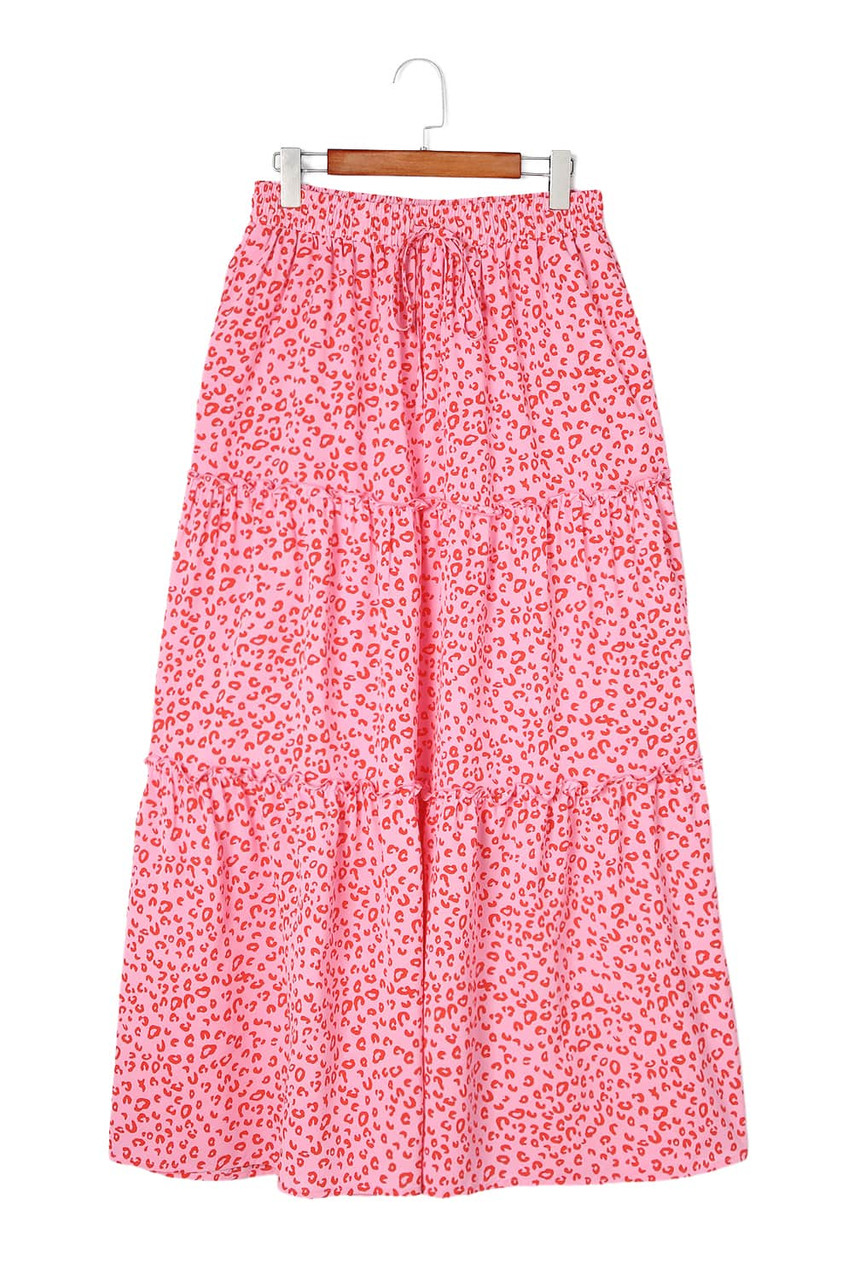 Pink Leopard Print Frilled Drawstring High Waist Maxi Skirt