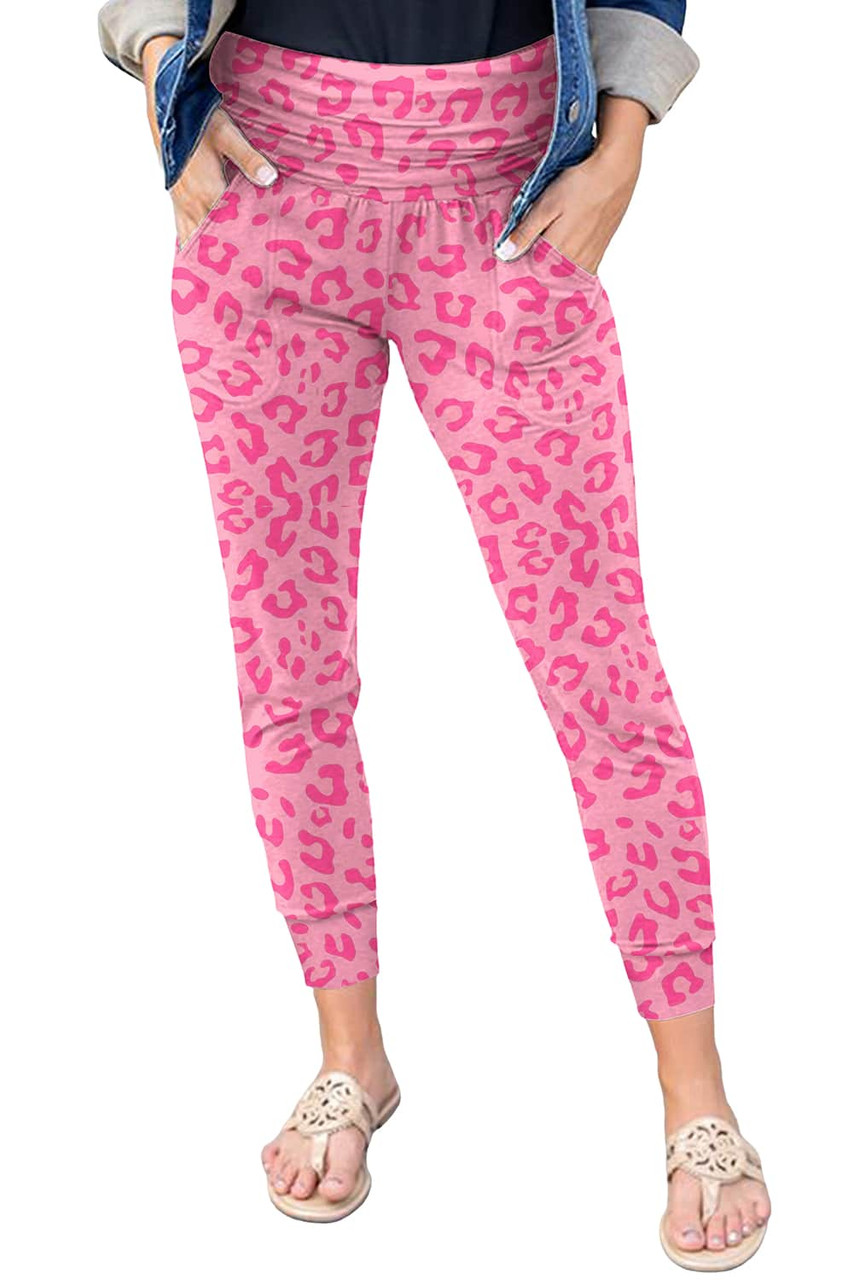 Pink Leopard Print Ankle-length High Waist Skinny Pants