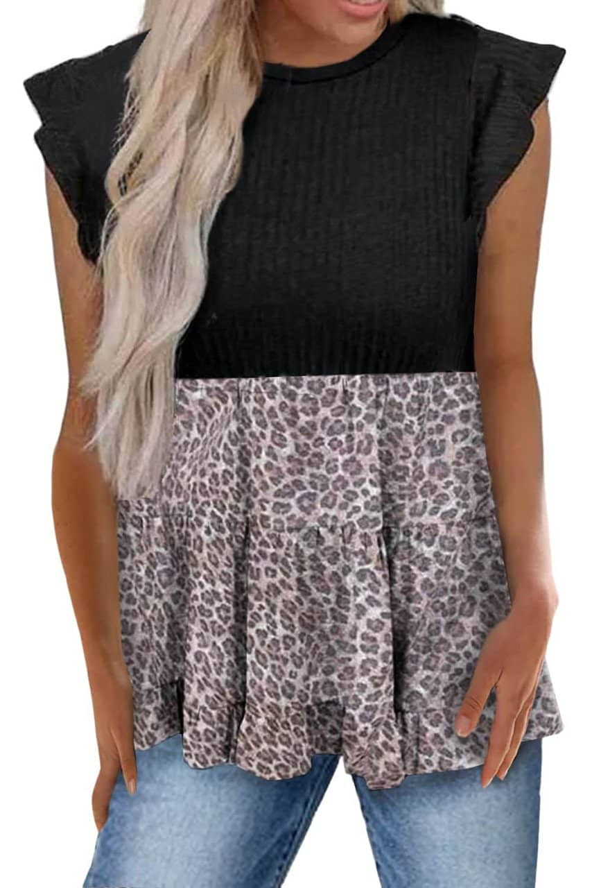 Black Ruffle Sleeve Bodice Leopard Splice Blouse Black Ruffle Sleeve Bodice Leopard Splice Blouse
