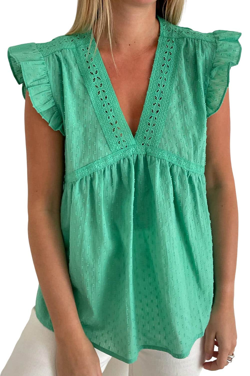 Green Eyelet V Neckline Ruffle Swiss Dot Top