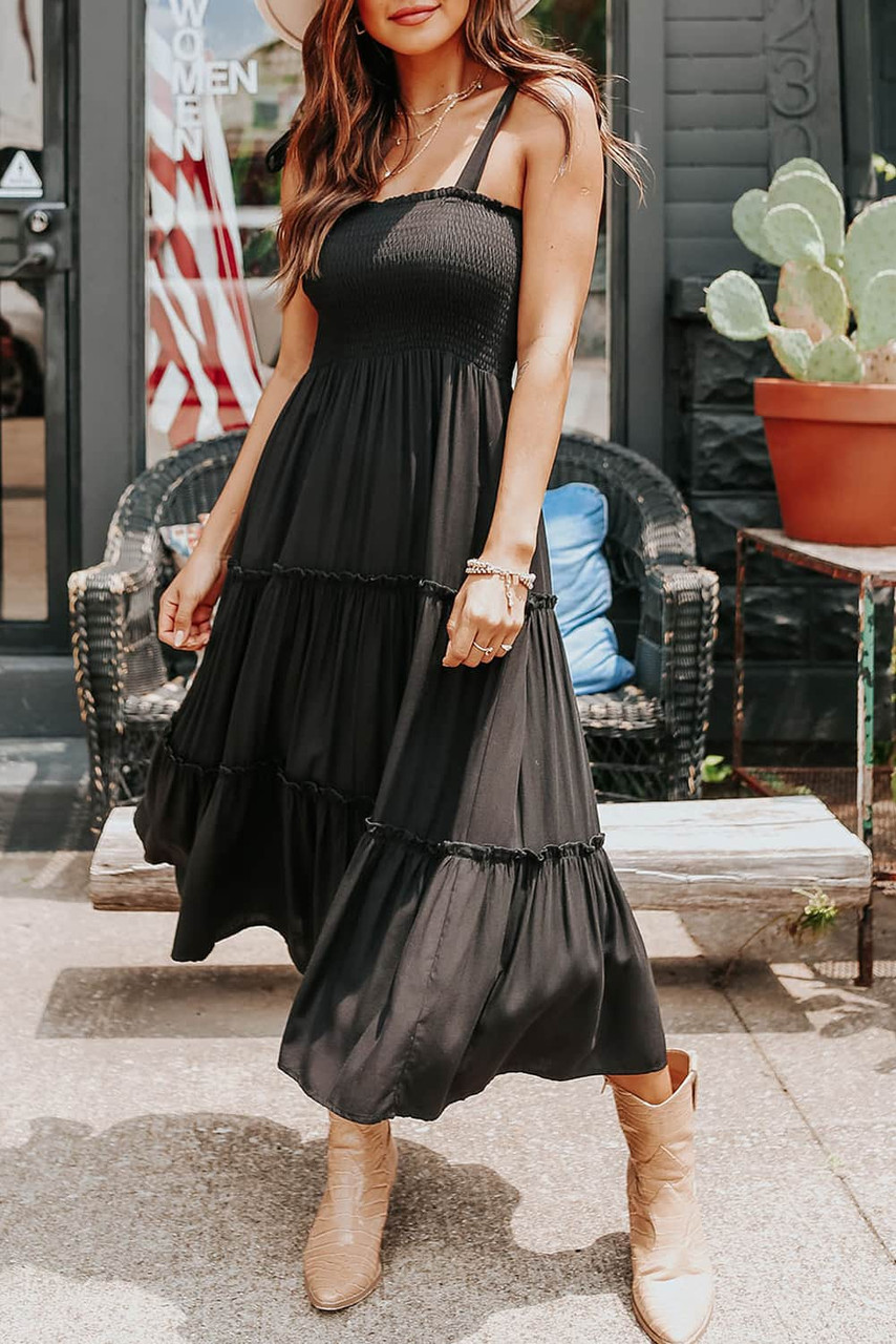 Black Tie Strap Smocked Frill Tiered Midi Dress