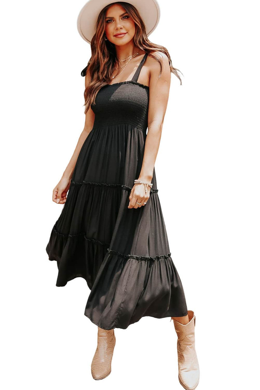 Black Tie Strap Smocked Frill Tiered Midi Dress