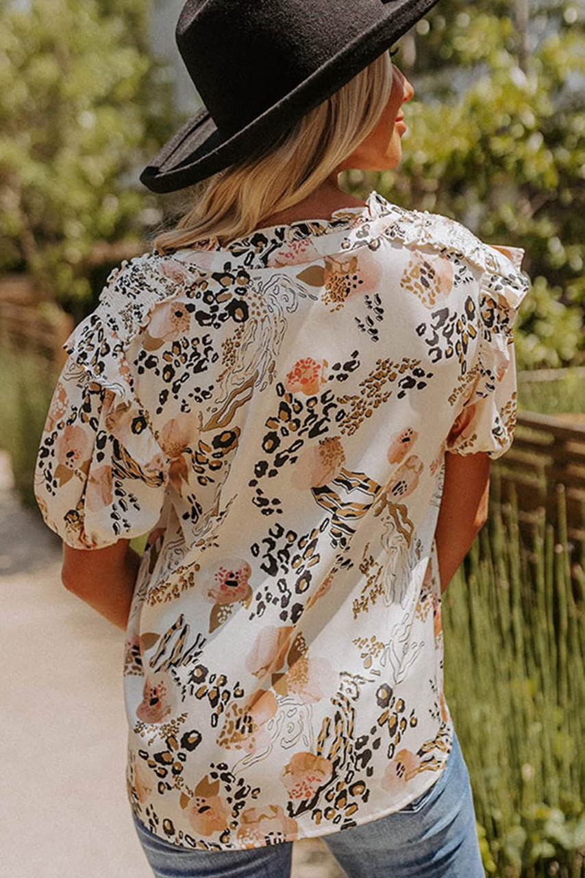 Gold Leopard Floral Print Split Neck Puff Sleeve Blouse