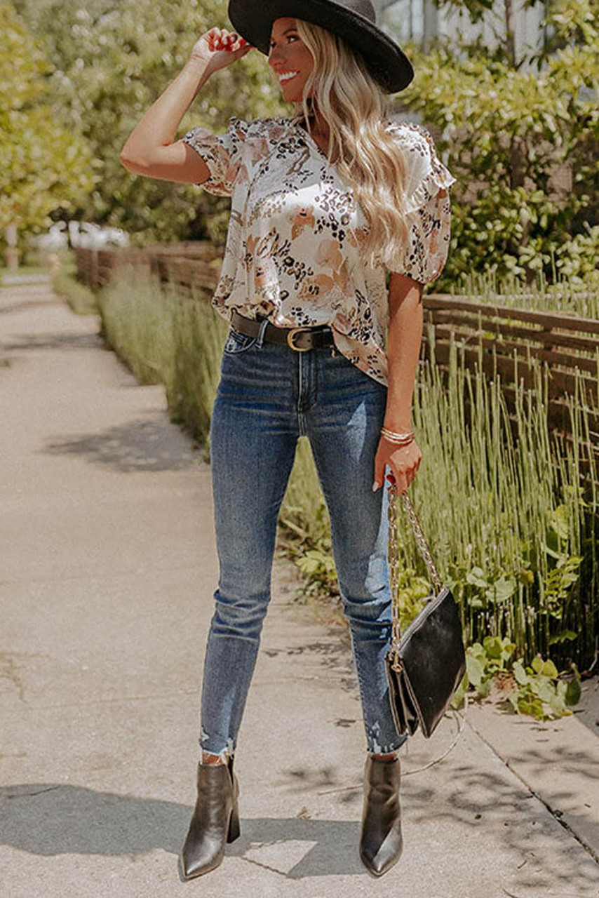 Gold Leopard Floral Print Split Neck Puff Sleeve Blouse