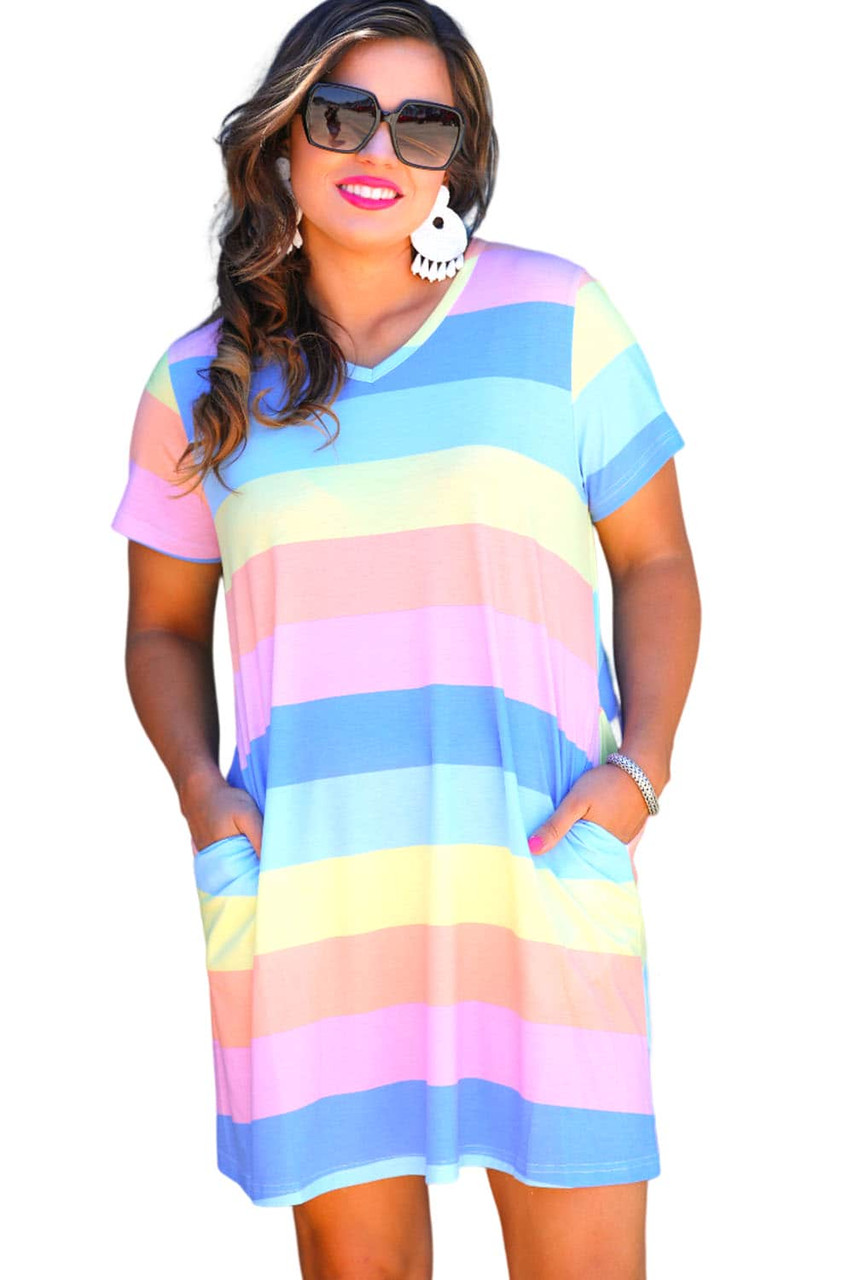 Multicolor Colorblock Pocketed V Neck T-shirt Dress