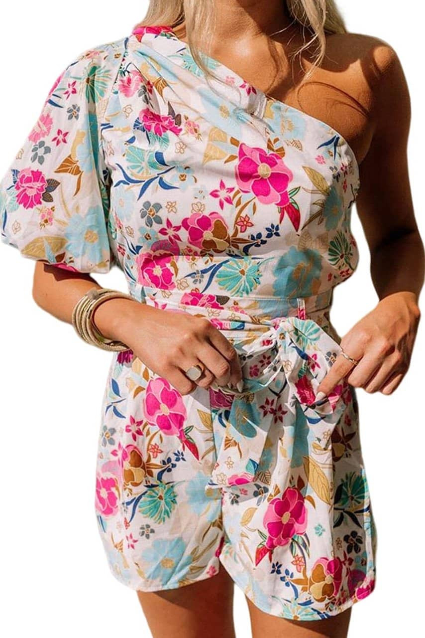 White Floral Single Bubble Sleeve Slant Shoulder Romper White Floral Single Bubble Sleeve Slant Shoulder Romper