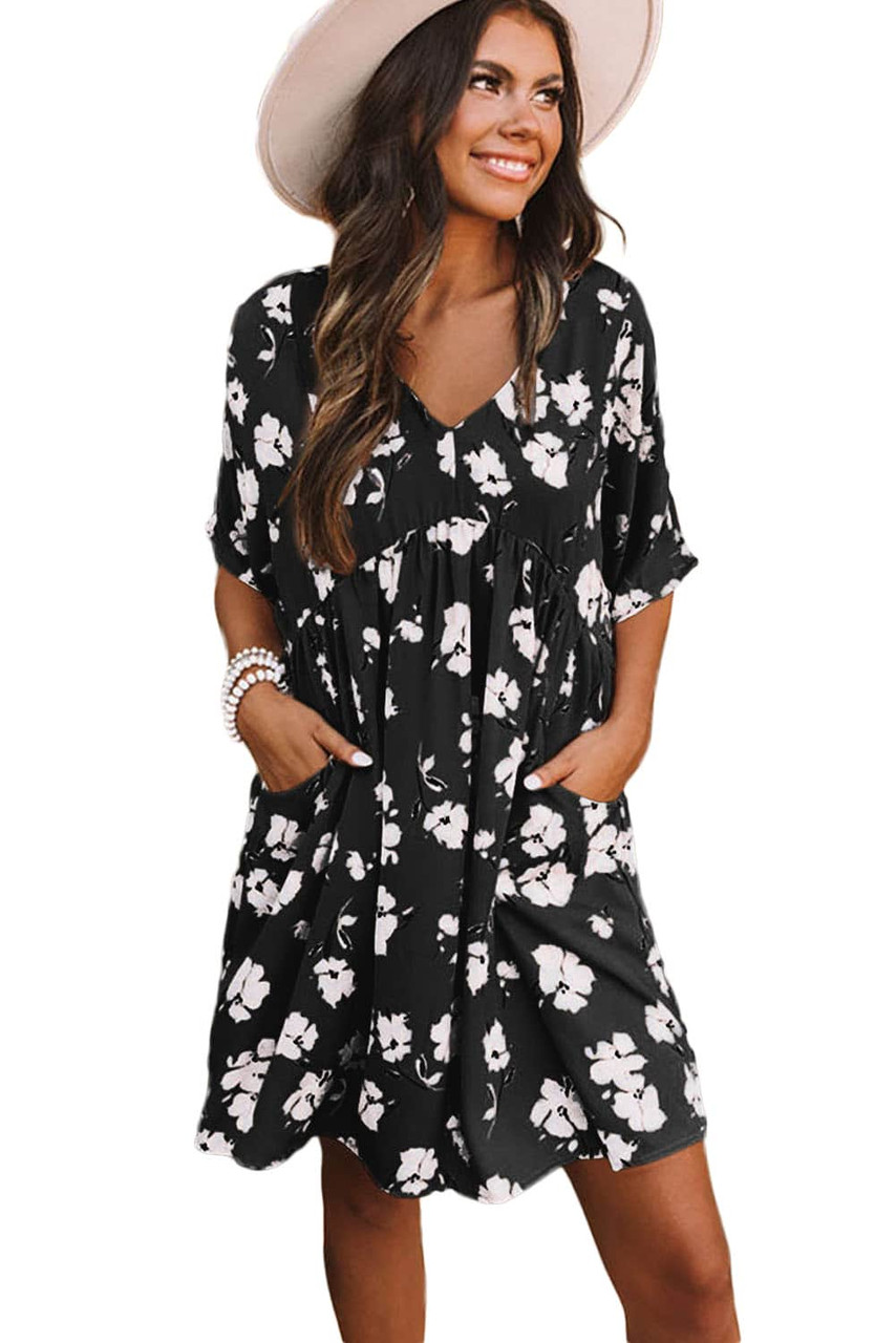 Black Khaki V Neck Floral Babydoll Dress with Pockets