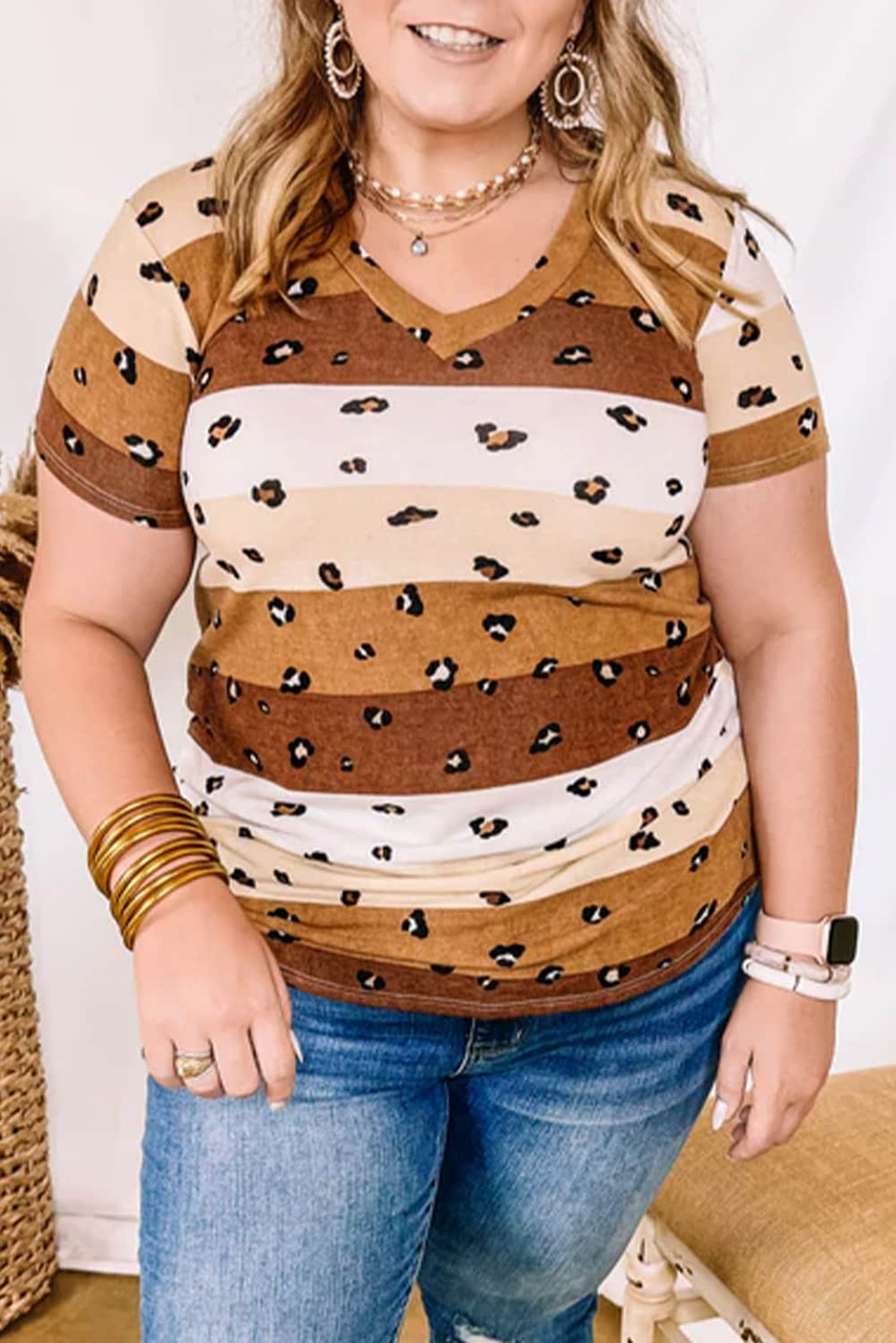 Leopard Color Block V Neck Plus Size T Shirt