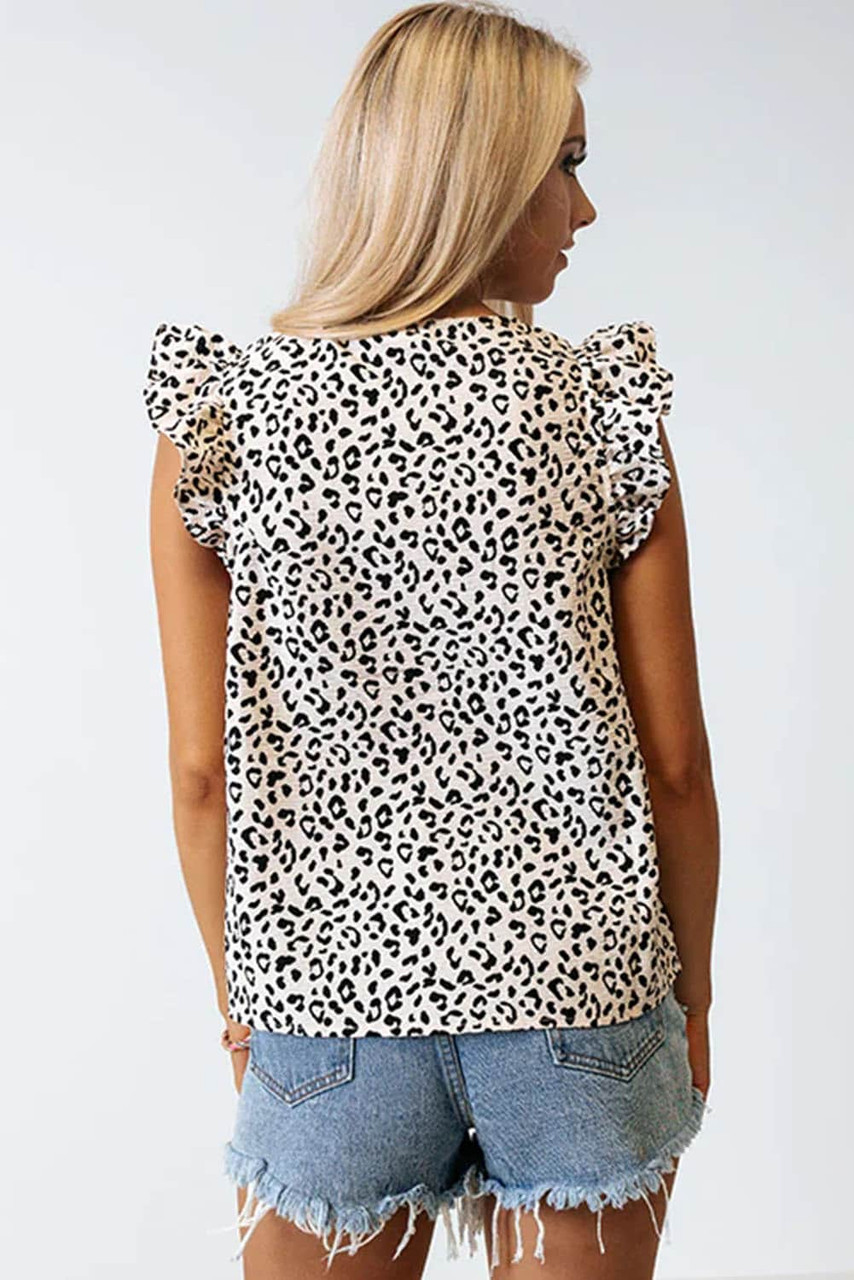 Leopard Ruffle Sleeve Embellished V-neck Blouse
