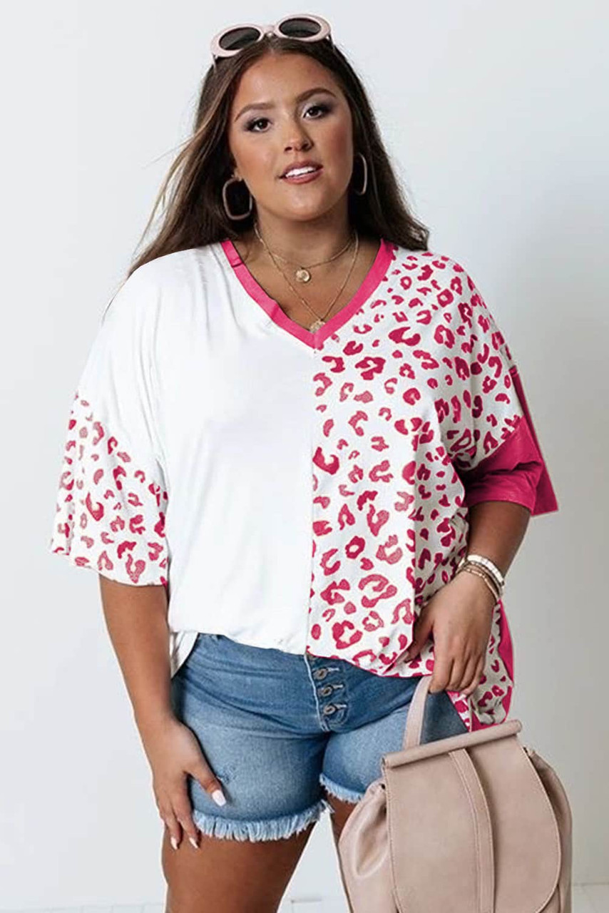 Rose Plus Size Leopard Patchwork Short Sleeve Top