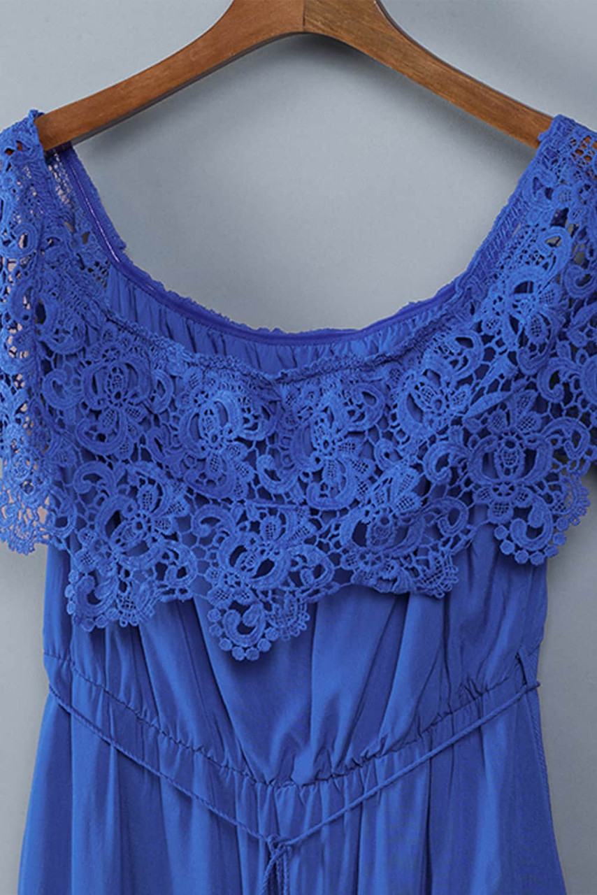 Blue Off-the-shoulder Lace Sleeves Plus size Dress