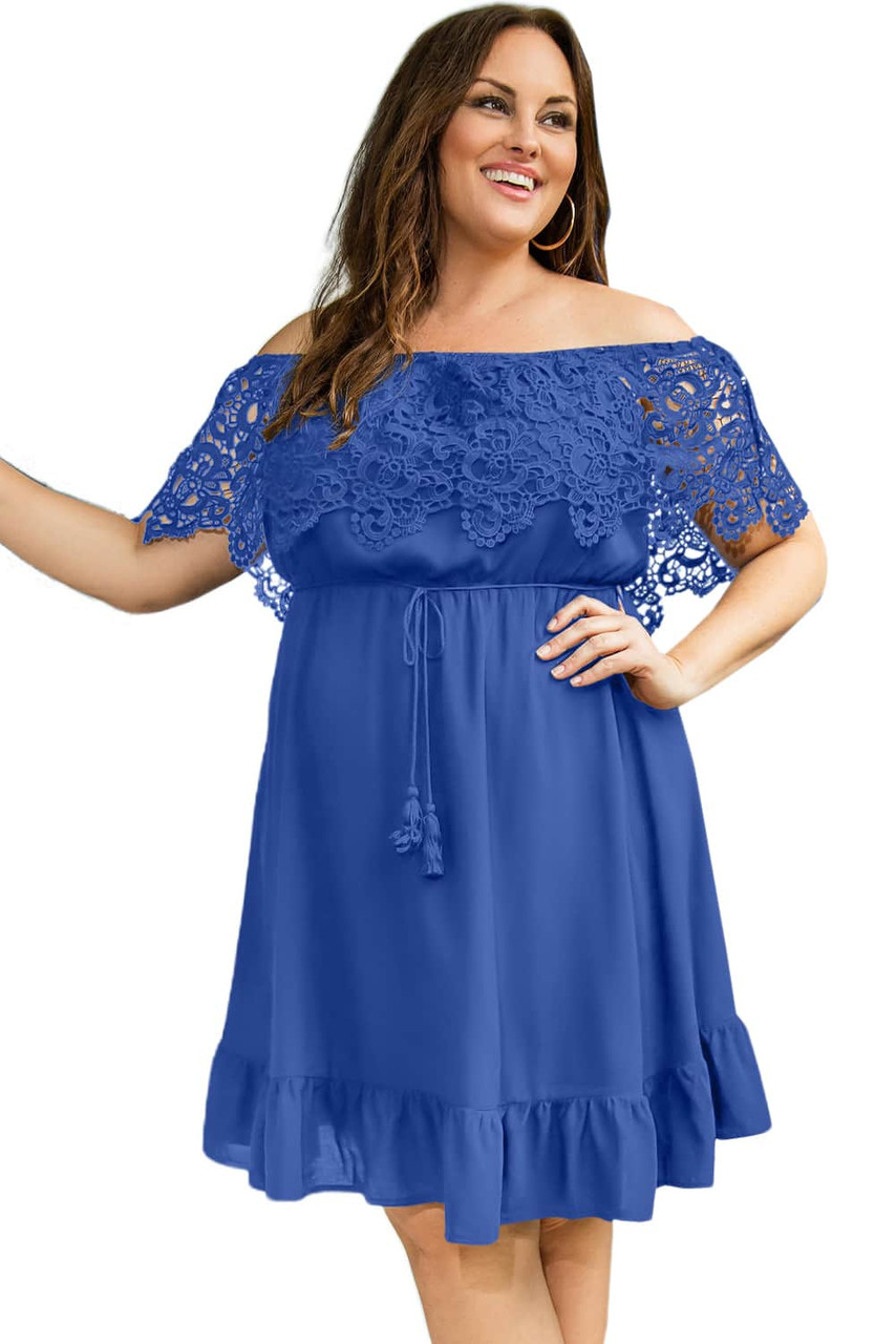 Blue Off-the-shoulder Lace Sleeves Plus size Dress