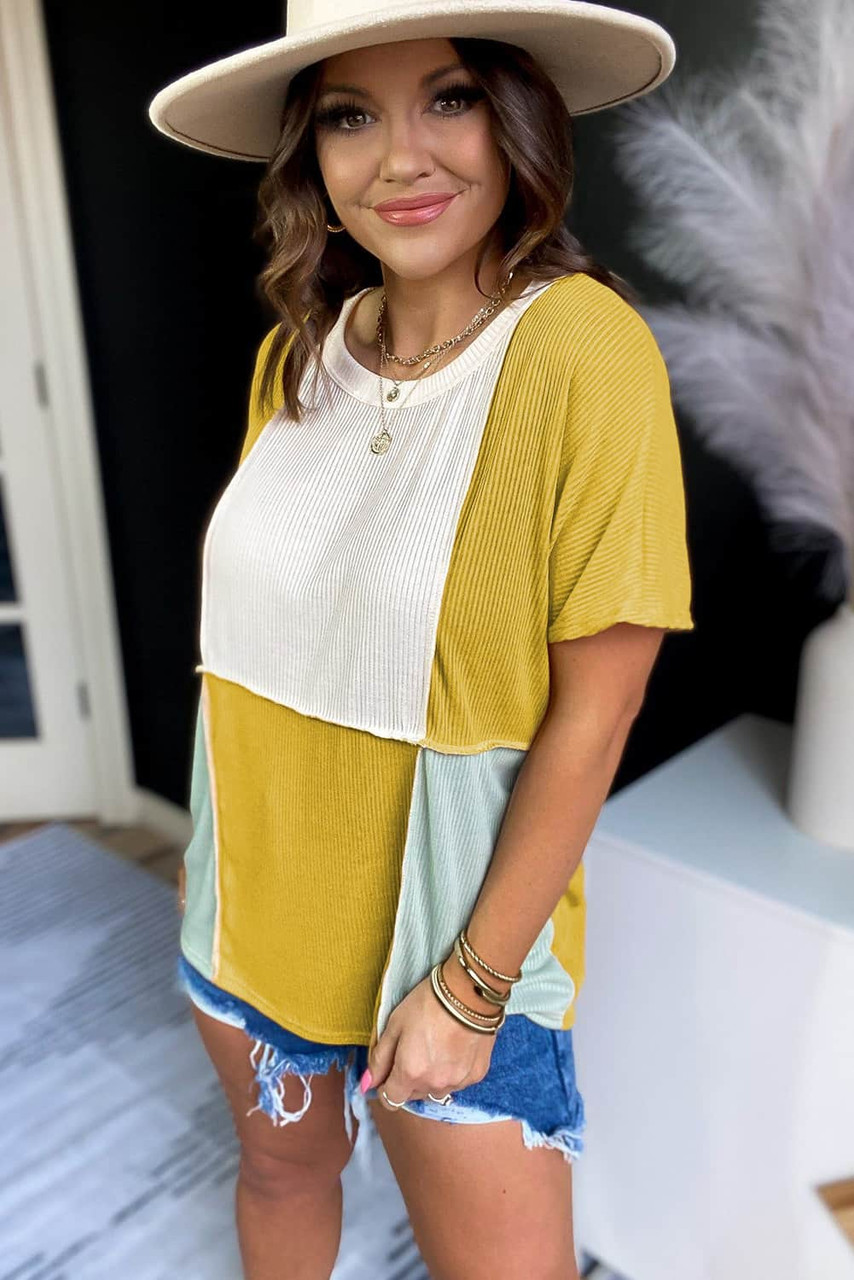 Yellow Colorblock Stitching Short Sleeve Rib Knit Top