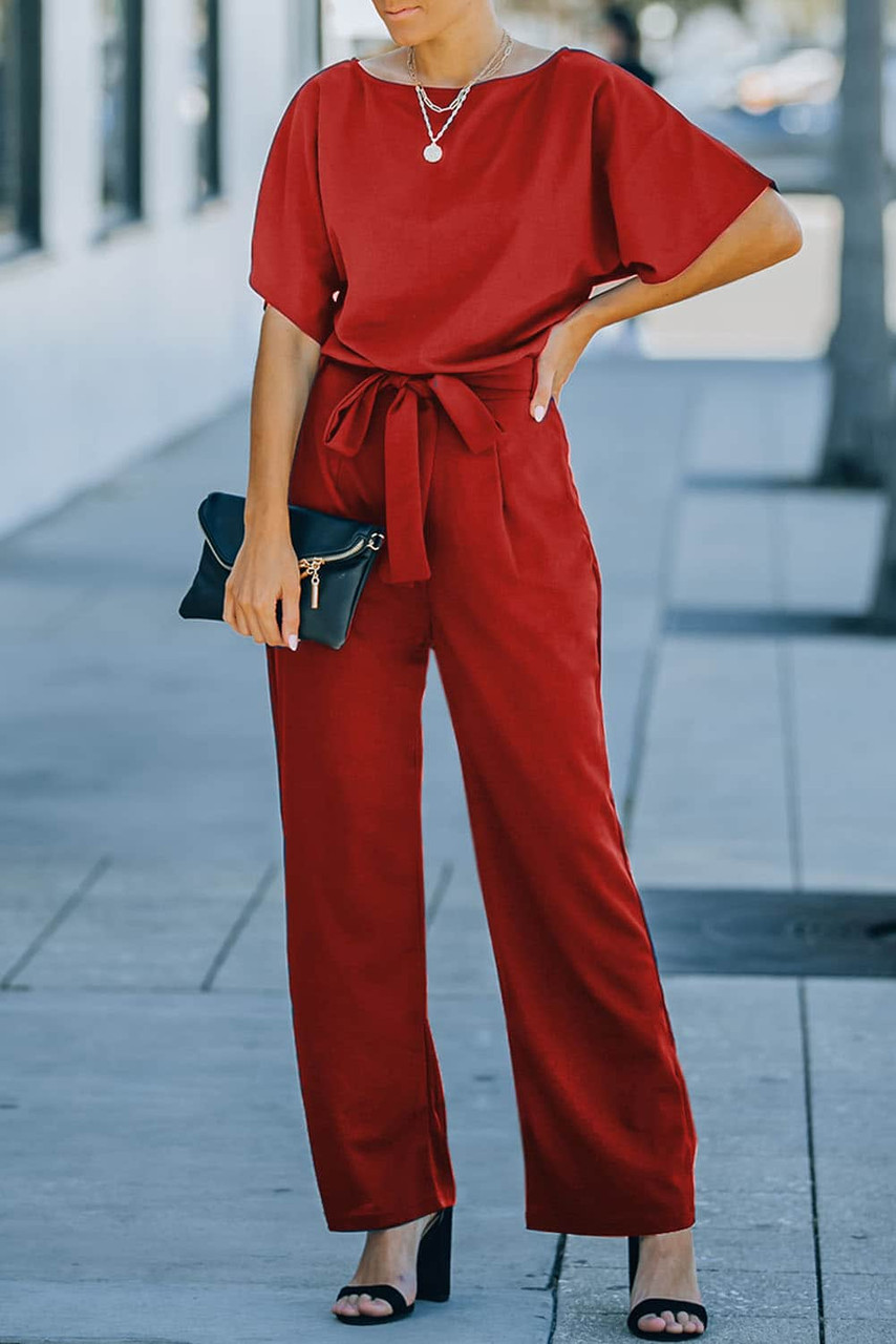 Red Belted Wide Leg Jumpsuit