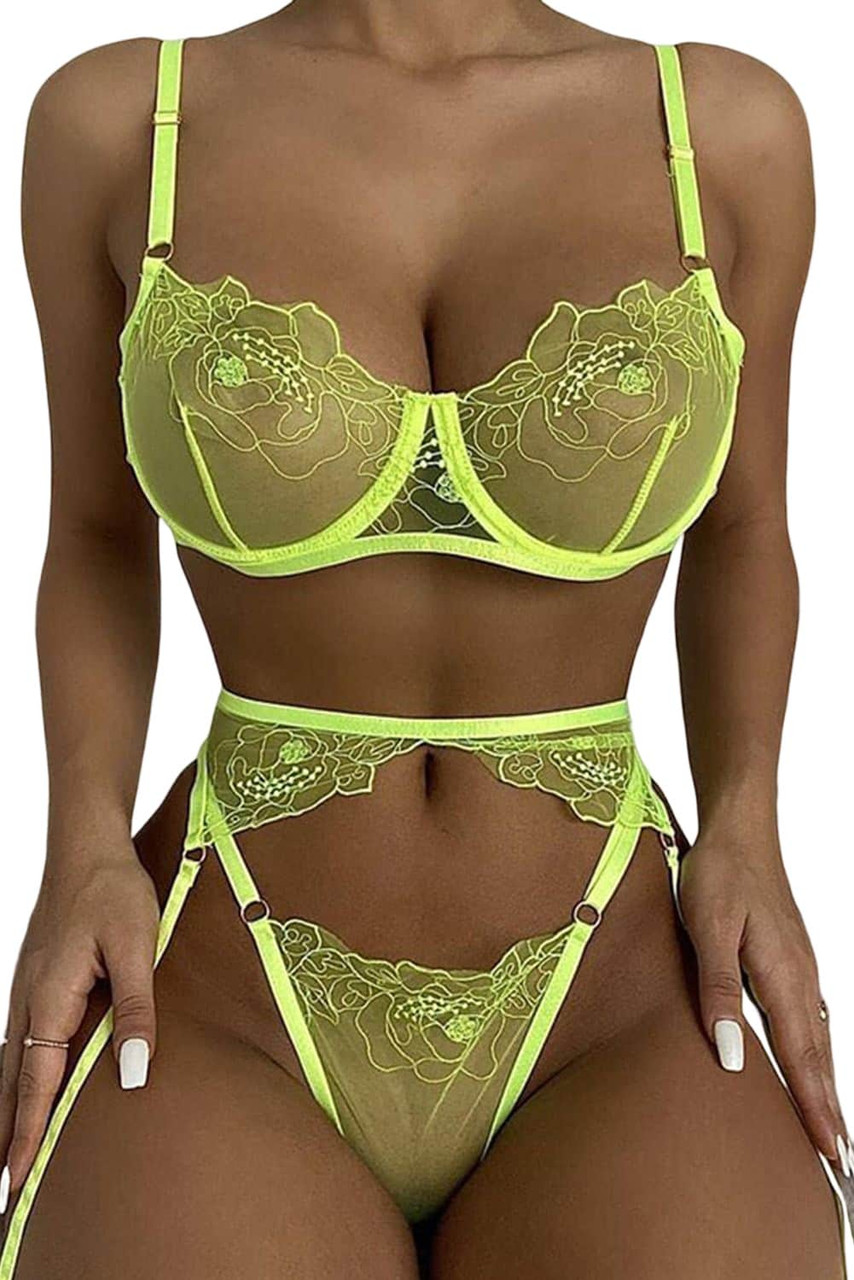 Green Floral Embroidered Mesh Three Pieces Lingerie Set