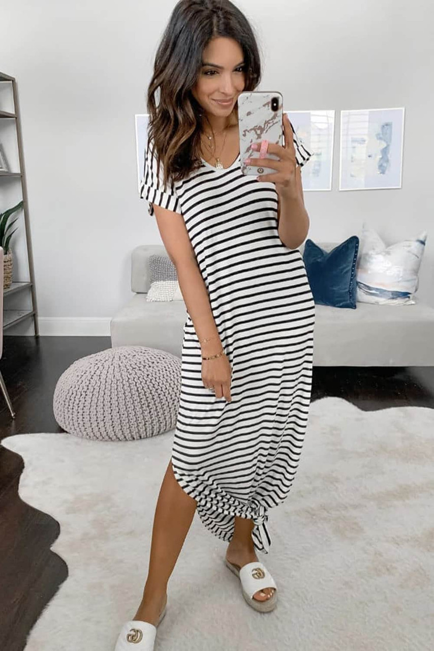 Black Striped Print Side Split Short Sleeve V Neck Maxi Dress