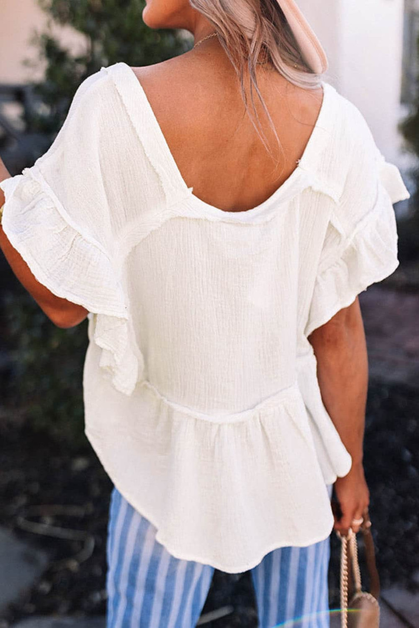 White Ruffled Short Sleeves Crinkled Flowy Top