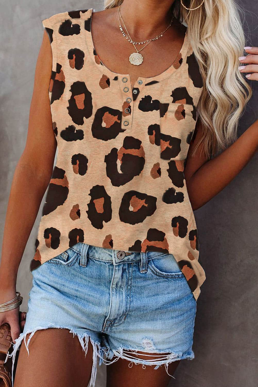 Leopard Button Neck Chest Pocket Tank Top