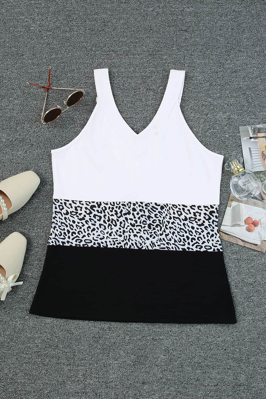 Black Leopard Print Contrast V-Neck Tank Top