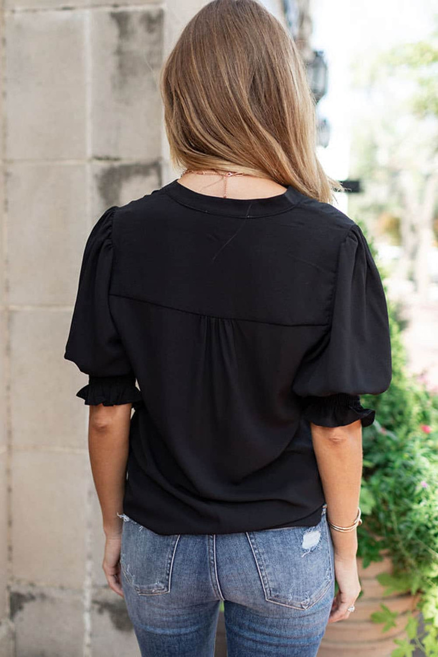 Black Solid Color Half Sleeve V Neck Blouse
