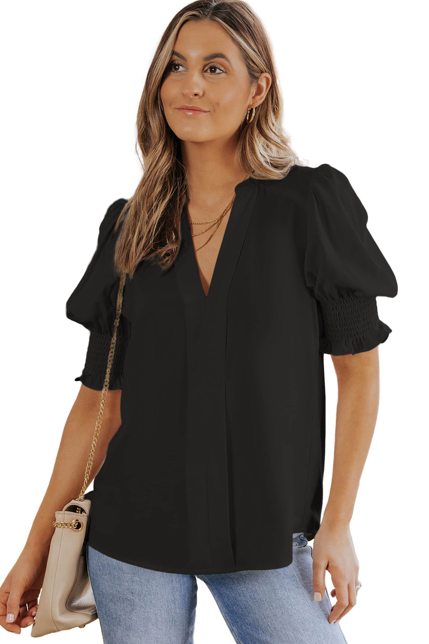 Black Solid Color Half Sleeve V Neck Blouse