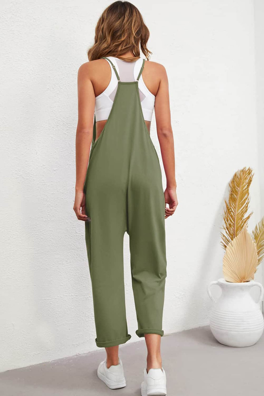 Green Pocketed Adjustable Spaghetti Strap Straight Leg Jumpsuit