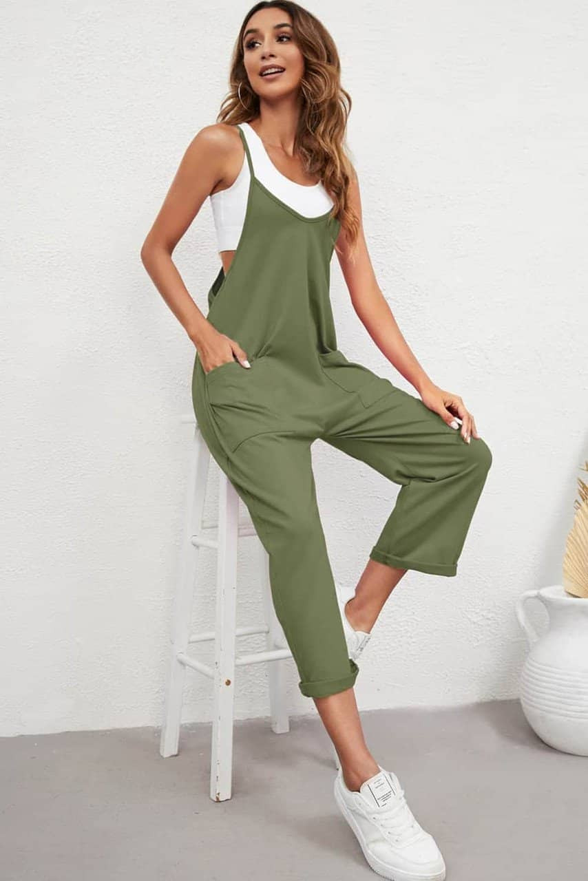 Green Pocketed Adjustable Spaghetti Strap Straight Leg Jumpsuit