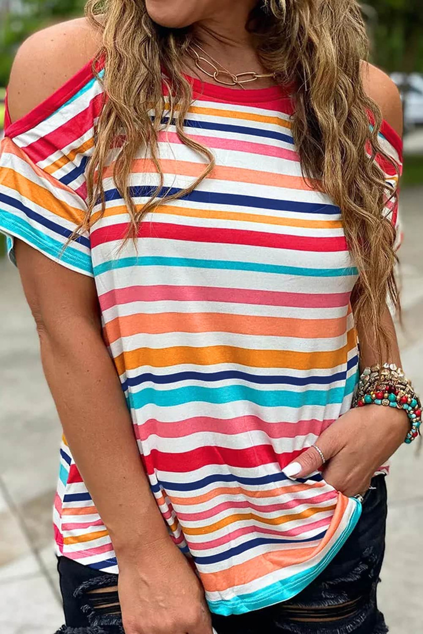 Striped Print Cold Shoulder Relaxed Top Striped Print Cold Shoulder Relaxed Top