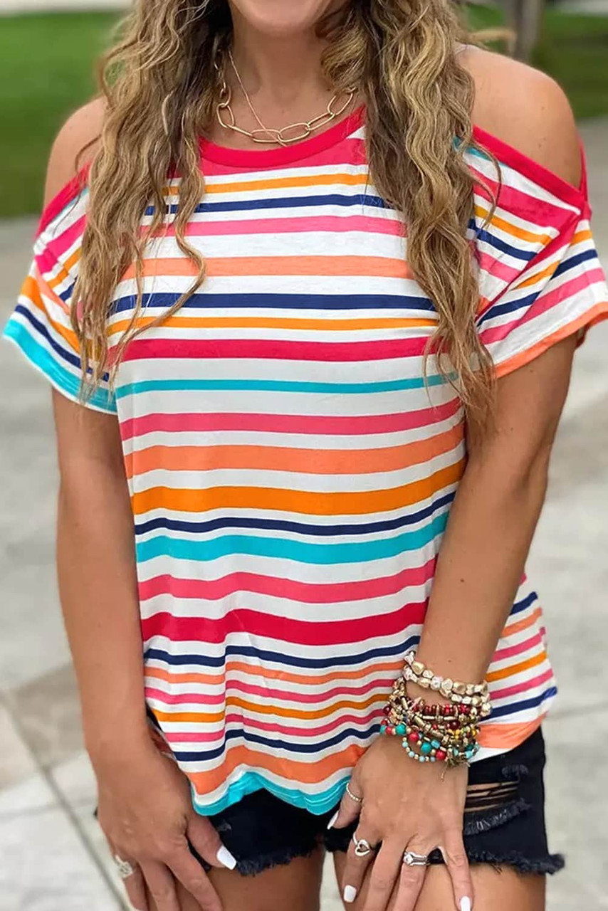 Striped Print Cold Shoulder Relaxed Top Striped Print Cold Shoulder Relaxed Top