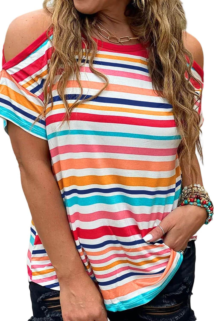 Striped Print Cold Shoulder Relaxed Top Striped Print Cold Shoulder Relaxed Top