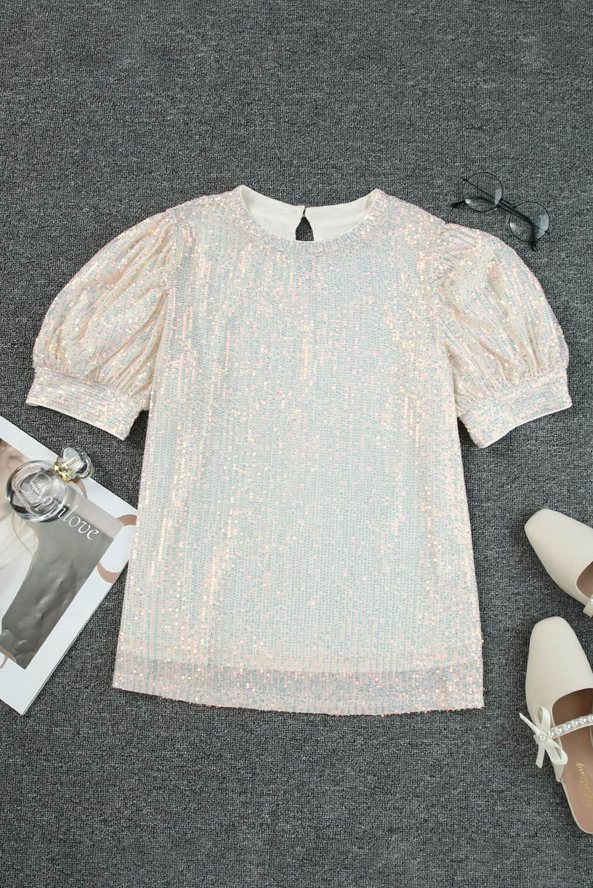 Apricot Sequin Puff Sleeve Top