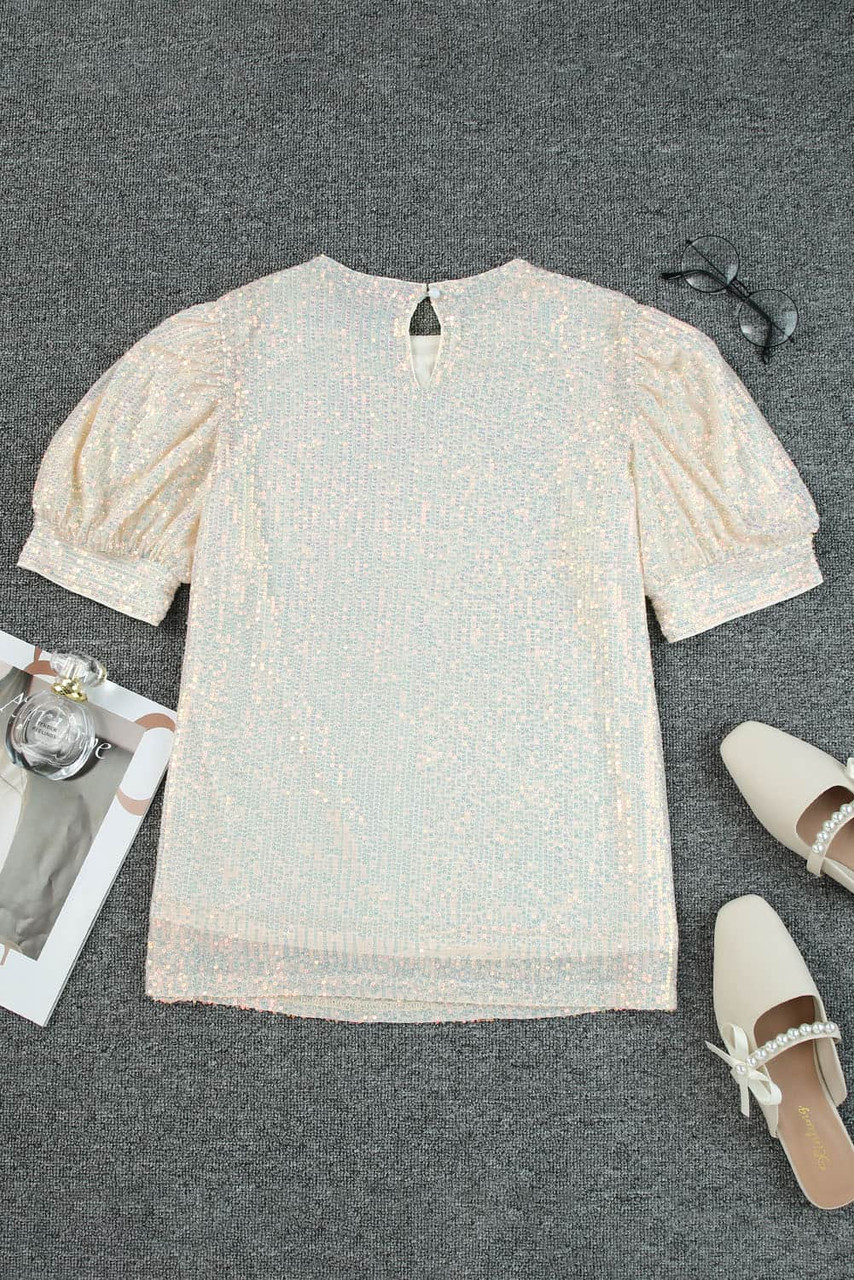 Apricot Sequin Puff Sleeve Top