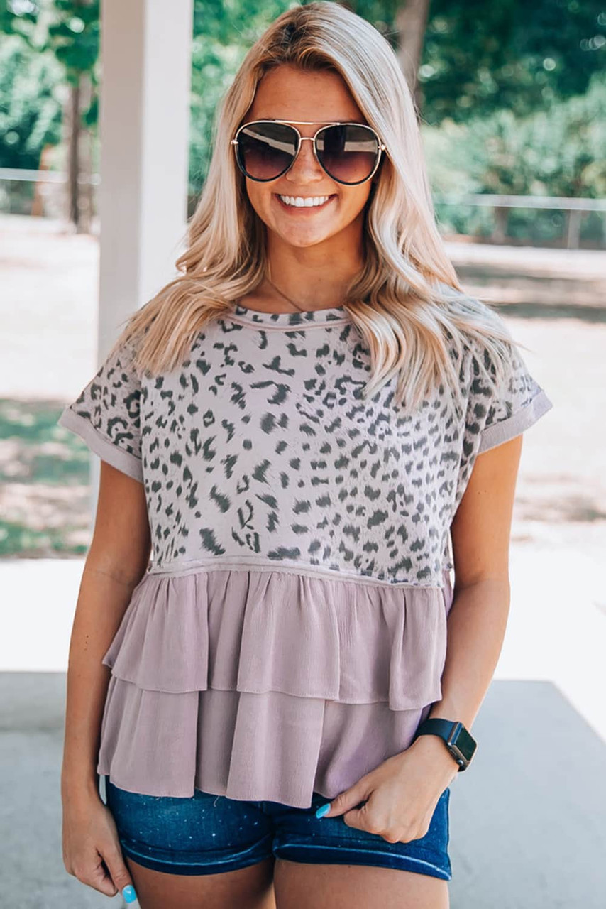 Pink Leopard Tiered Ruffle Short Sleeve Top