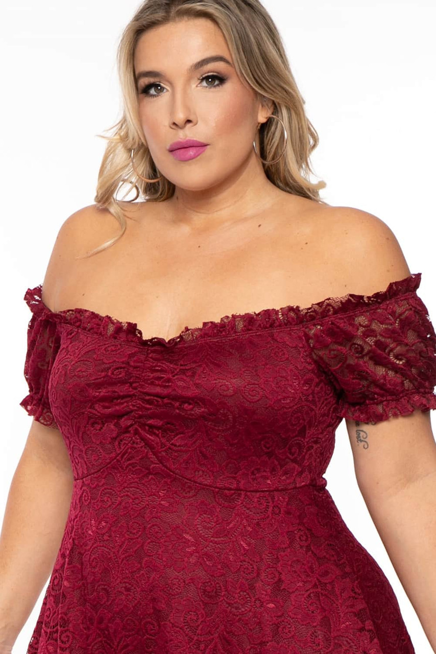 Red Lace Frill Bubble Sleeve Off Shoulder Plus Size Dress