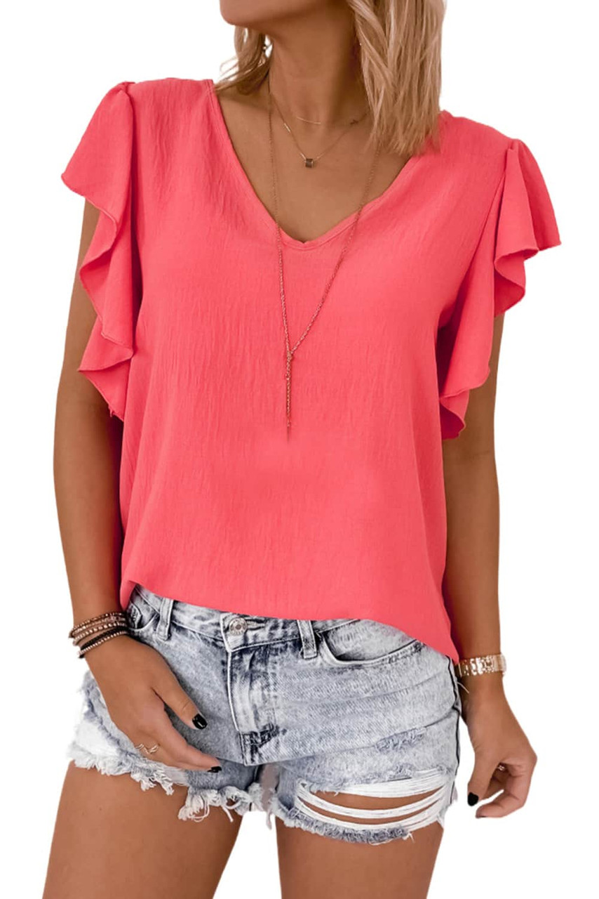 V Neck Ruffle Sleeve Loose Top