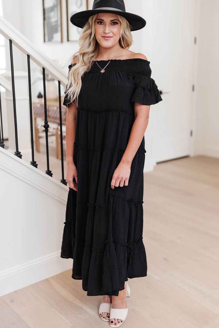 Black Plus Size Smocked Off Shoulder Frill Tiered Maxi Dress