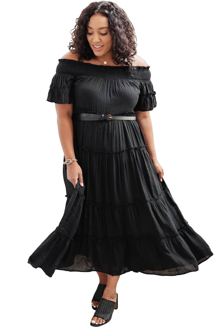 Black Plus Size Smocked Off Shoulder Frill Tiered Maxi Dress