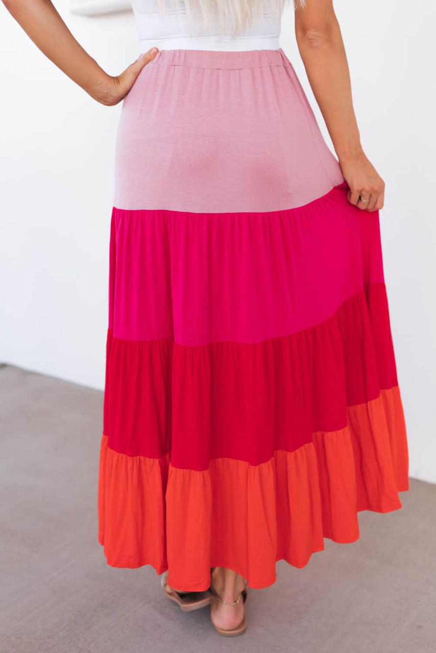 Pink Color Block Tiered Drawstring High Waist Maxi Skirt