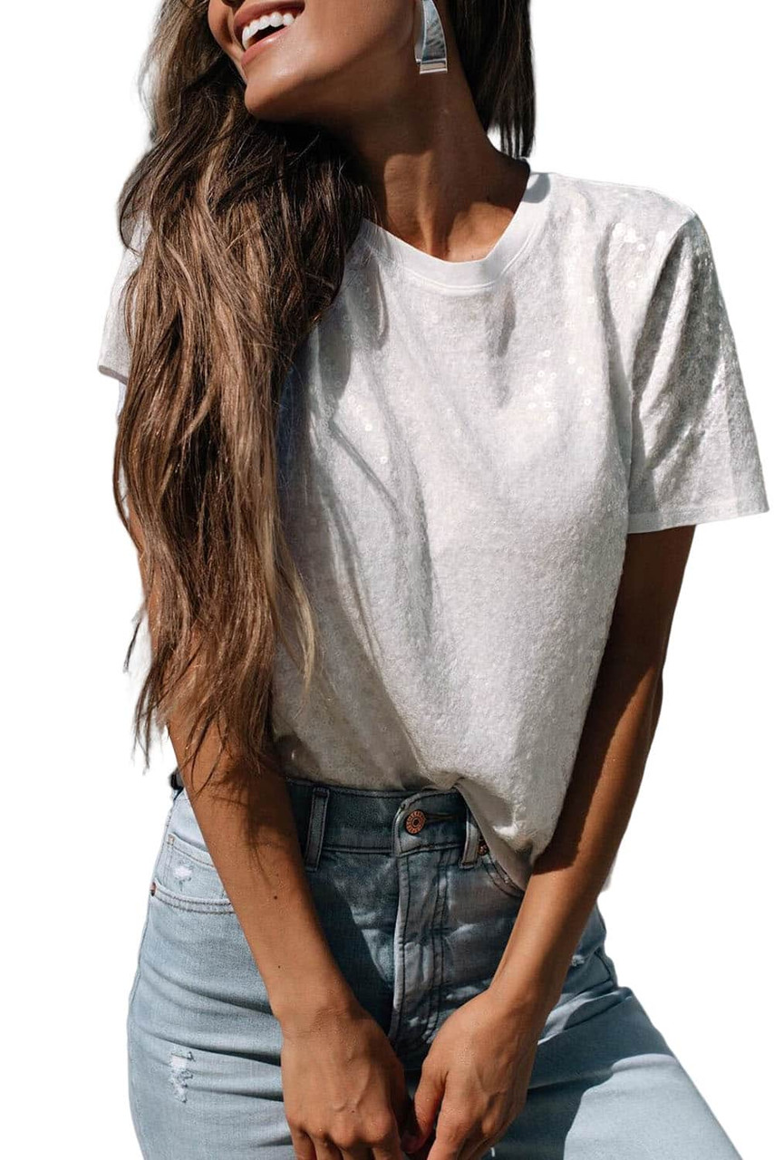 White Sequin Casual Short Sleeve T Shirt