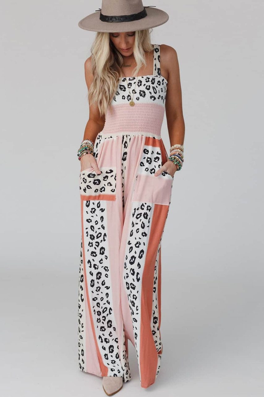 Pink Leopard Color Block Mix Print Pocketed Jumpsuit