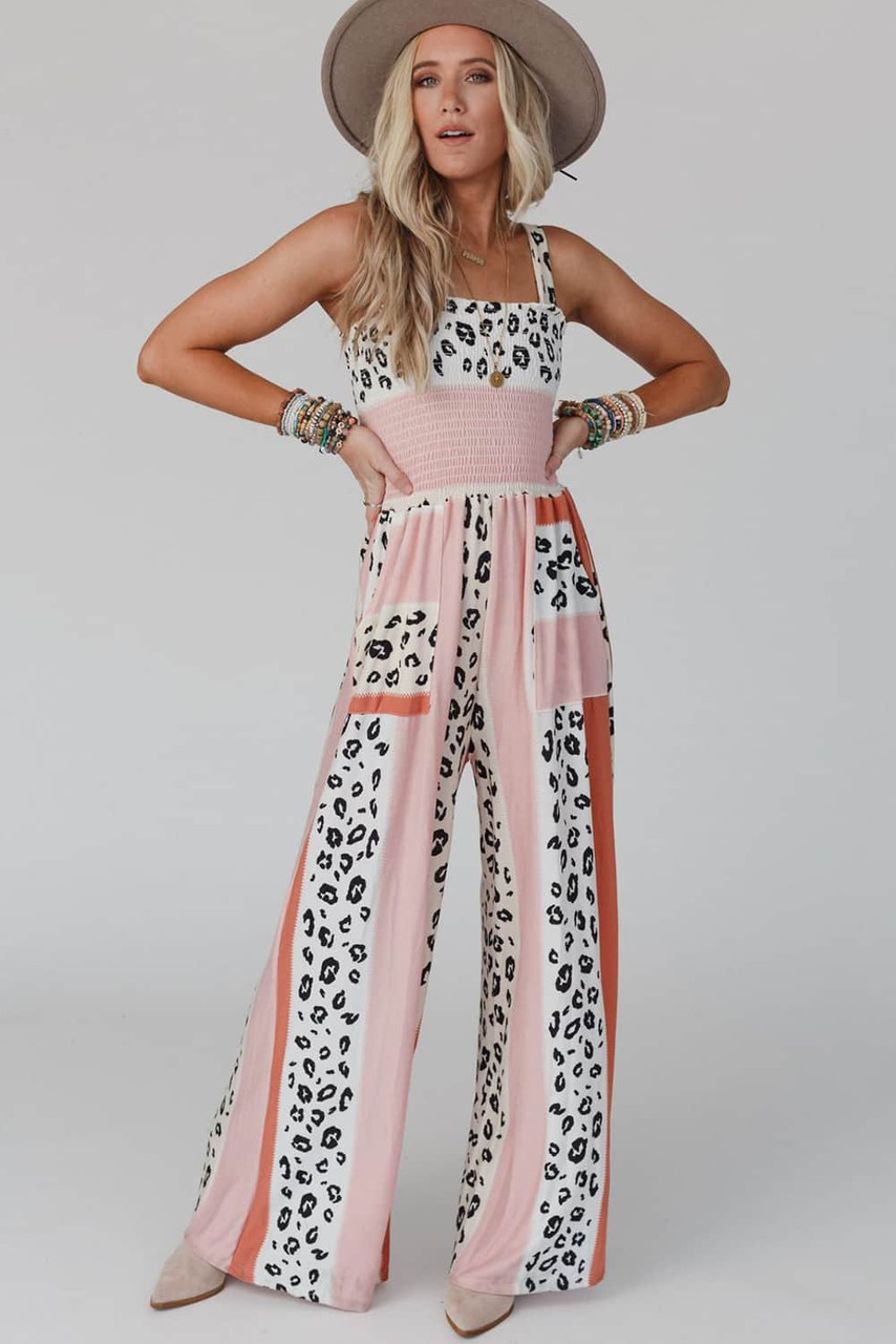 Pink Leopard Color Block Mix Print Pocketed Jumpsuit