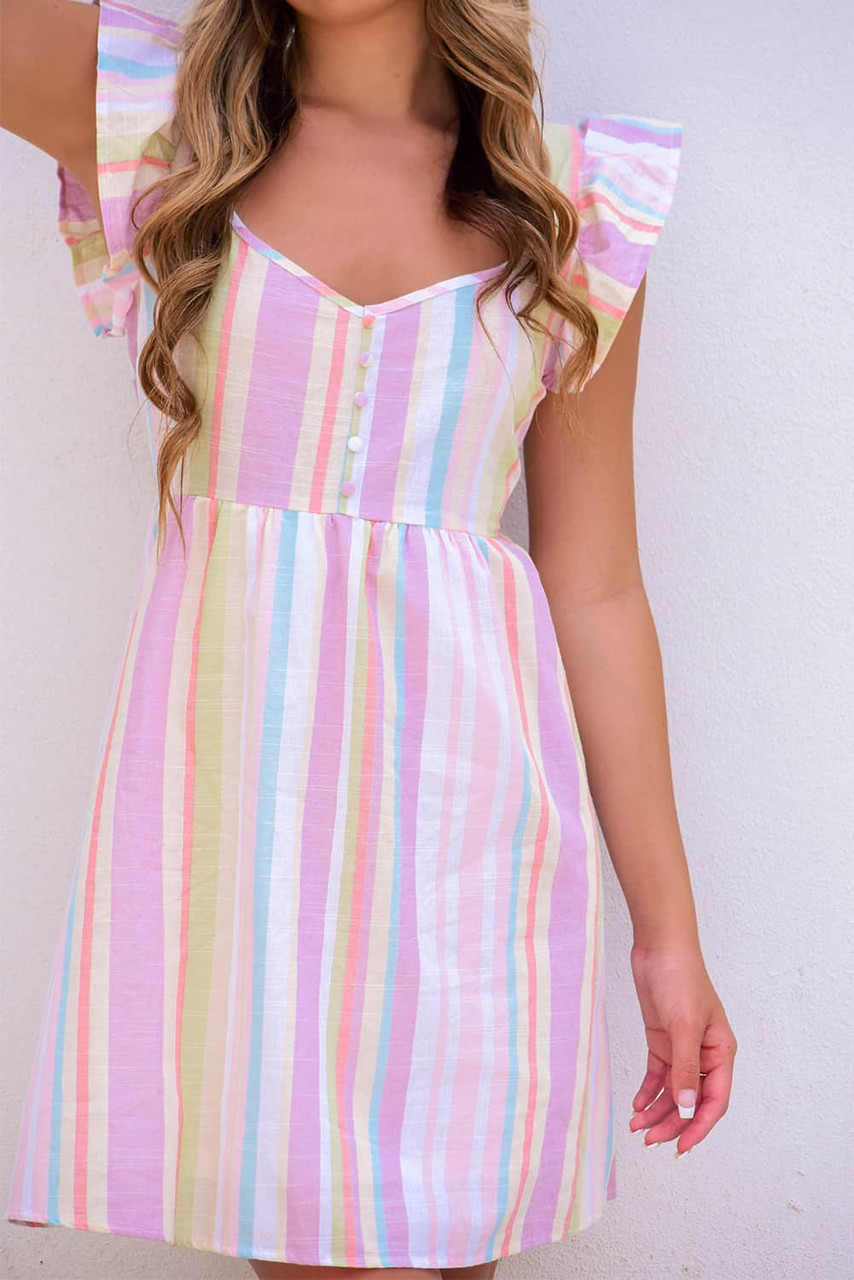 Pink Striped Button Sweetheart Flutter Sleeve Dress