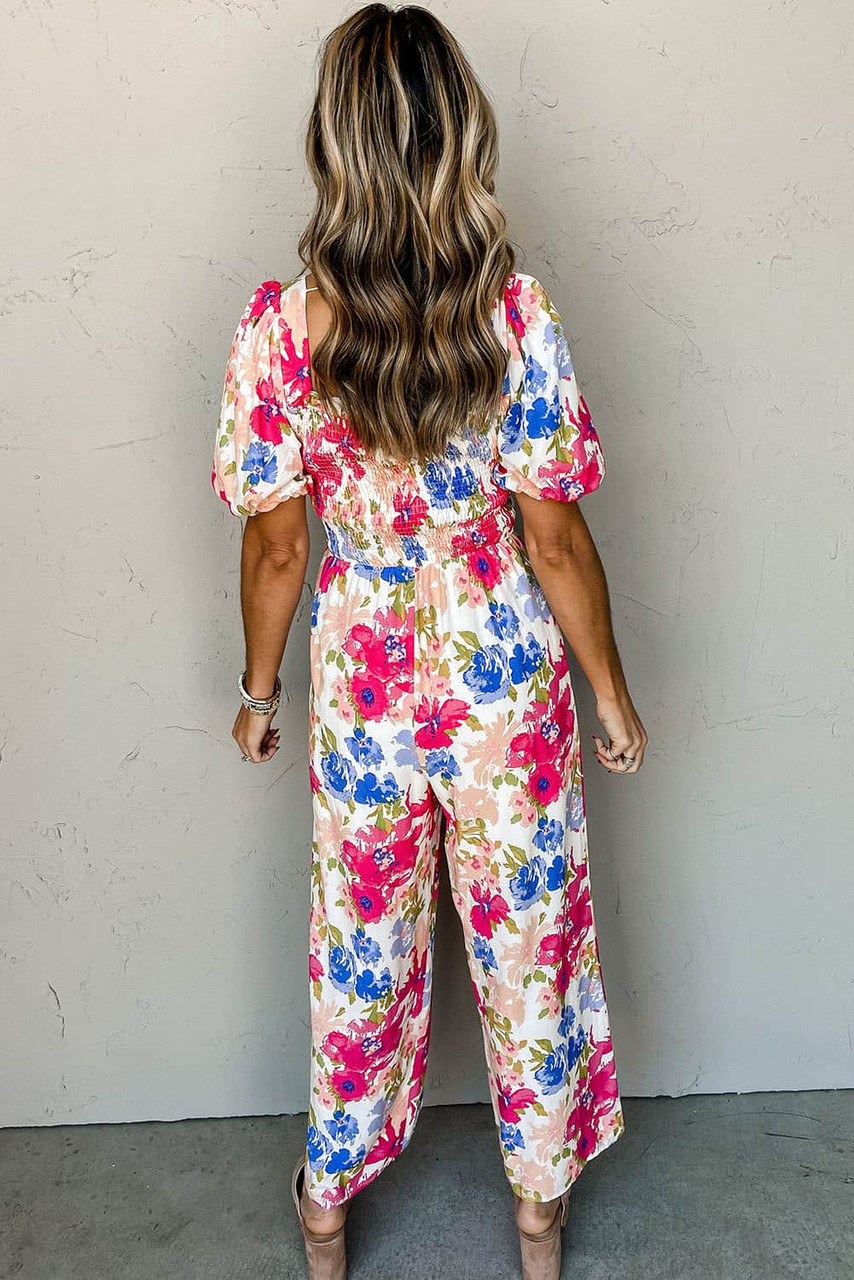 Multicolor Floral Print Smocked Puff Sleeve Jumpsuit