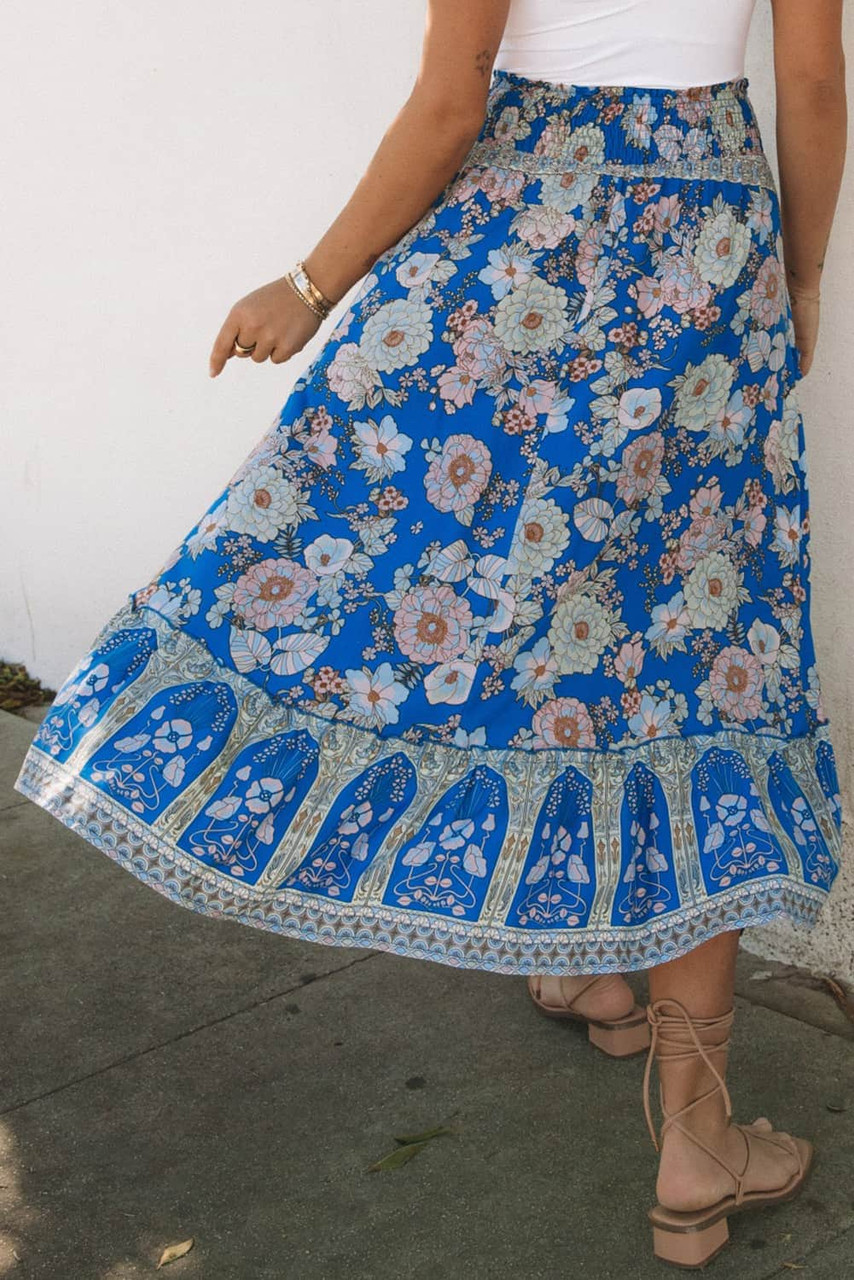 Blue Smocked Waist Boho Floral Maxi Skirt