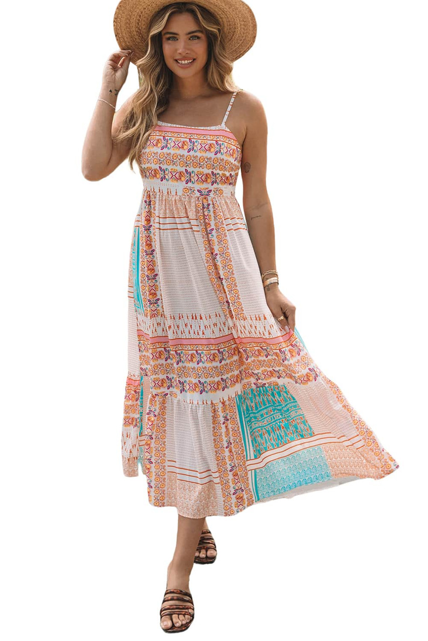 Multicolor Boho Patchwork Print Square Neck Sundress Multicolor Boho Patchwork Print Square Neck Sundress
