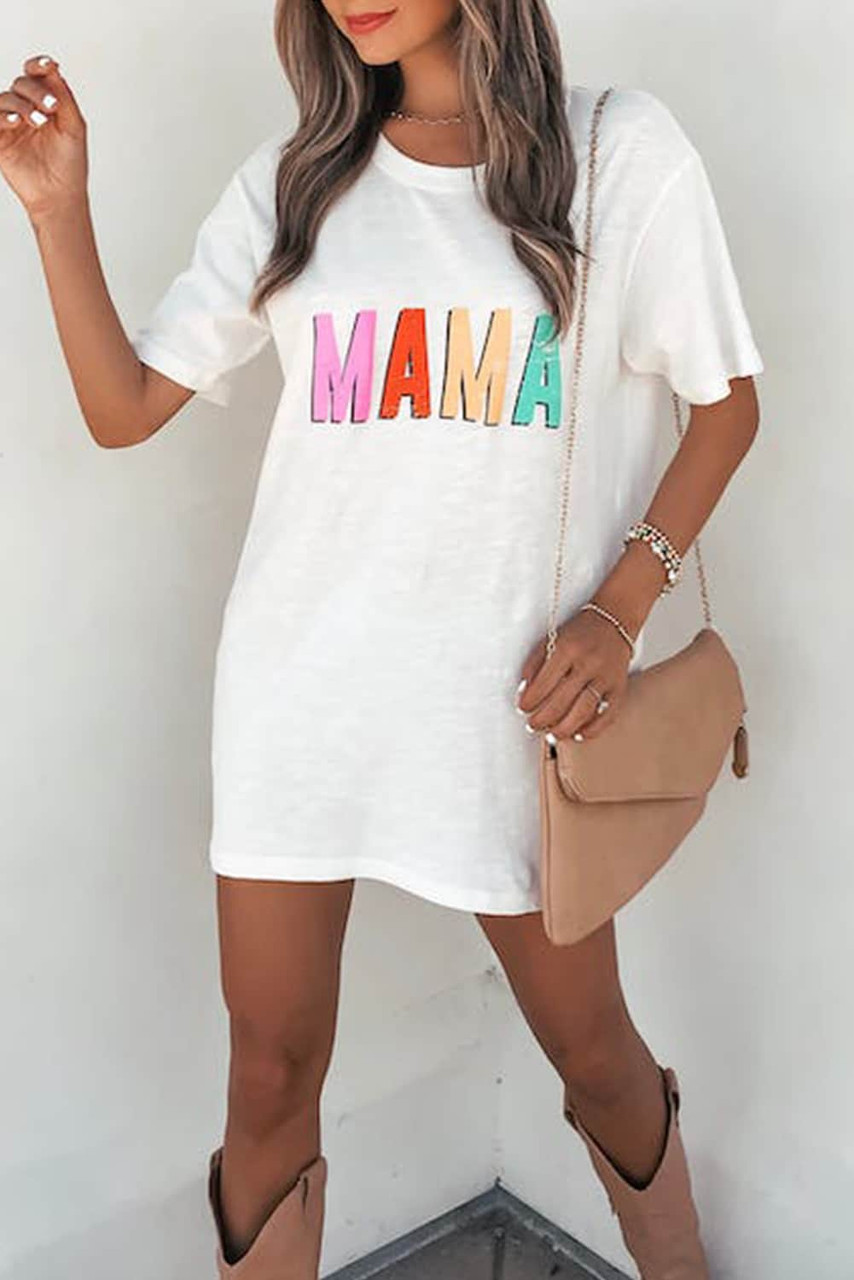 White MAMA Letter Print Round Neck Short Sleeve T Shirt